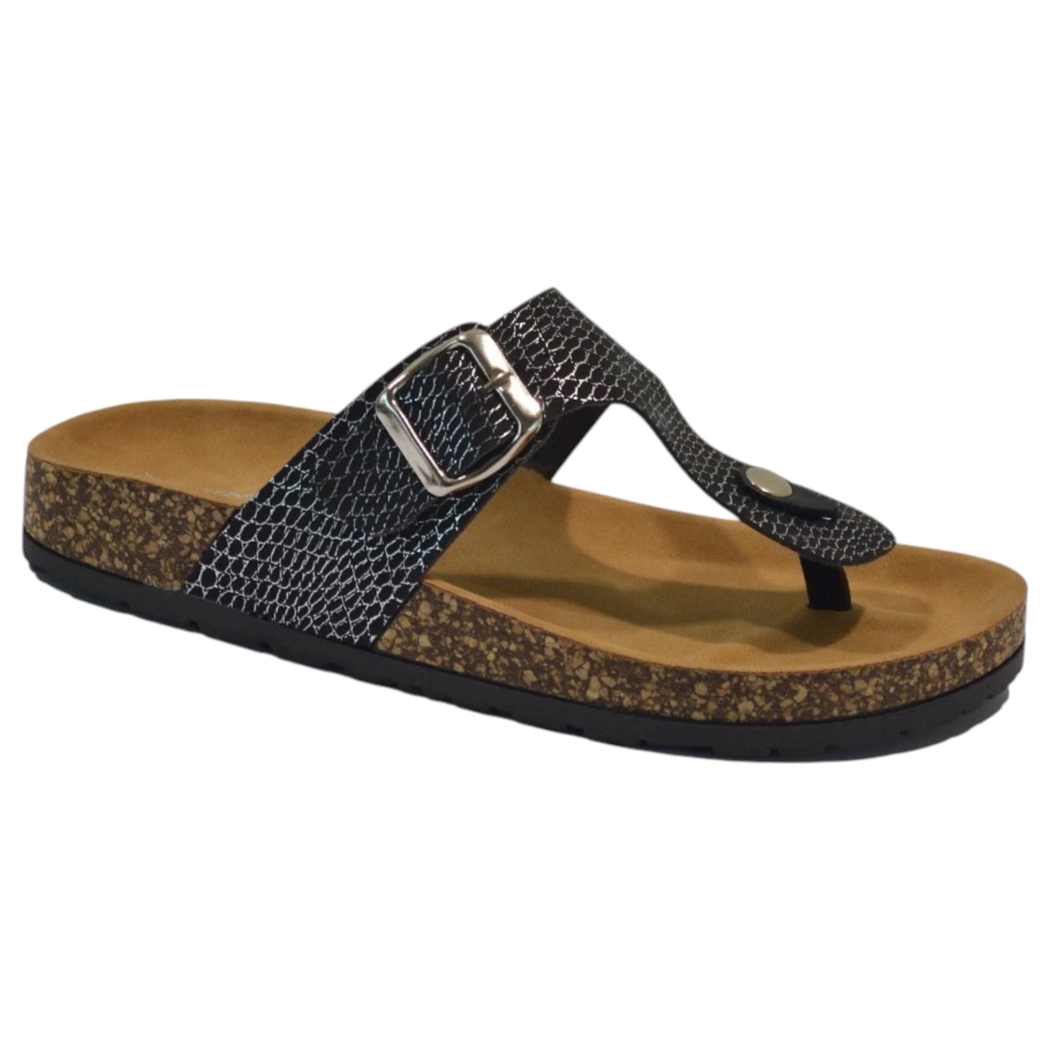 Dunlop ladies slip-on summer sandals with buckle strap and cushioned sole in black